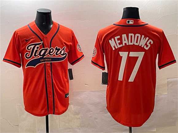 Men%27s Detroit Tigers #17 Parker Meadows Orange With Patch Cool Base Stitched Jersey->detroit tigers->MLB Jersey